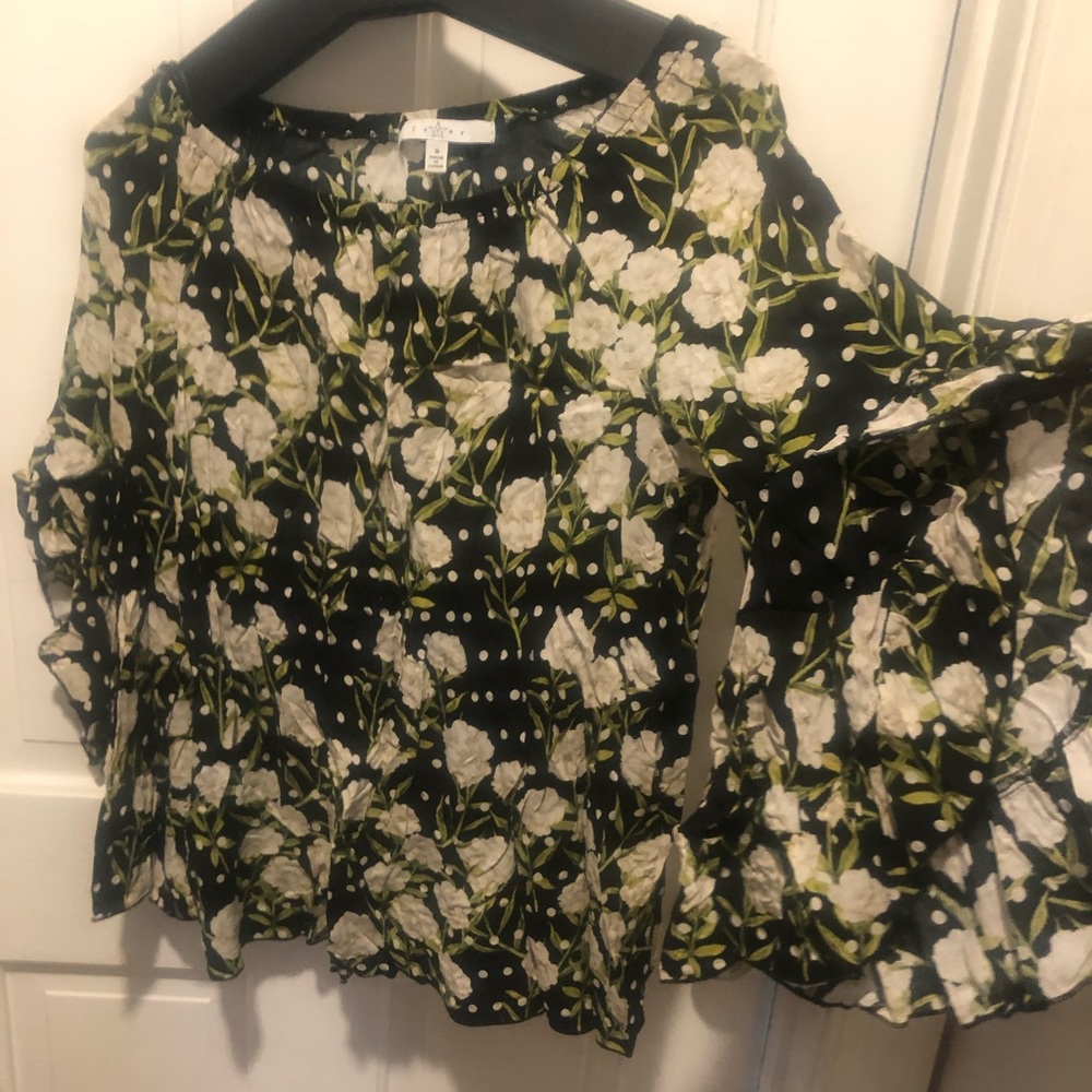Green/black/cream Bell Sleeve Elbow Length Blouse-Size M